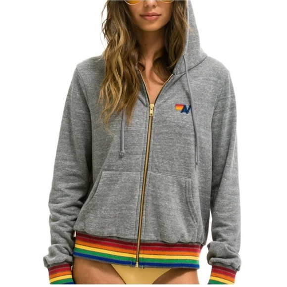 Aviator Nation Tops - Aviator Nation, 6 Stripe Heather Gray Zip Hoodie, Size Medium